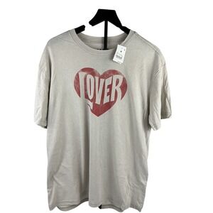 Mad Engine Lover Heart Graphic T-Shirt Crew Neck Beige Short Sleeve‎ Top